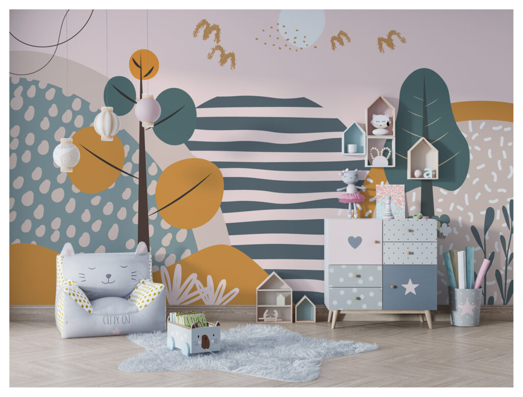 Boho Hills Wallpaper : Trees And Stripes Kids Mural - View 3
