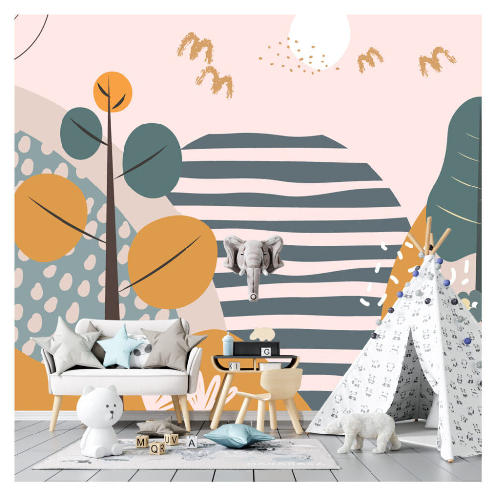 Boho Hills Wallpaper : Trees And Stripes Kids Mural - View 4