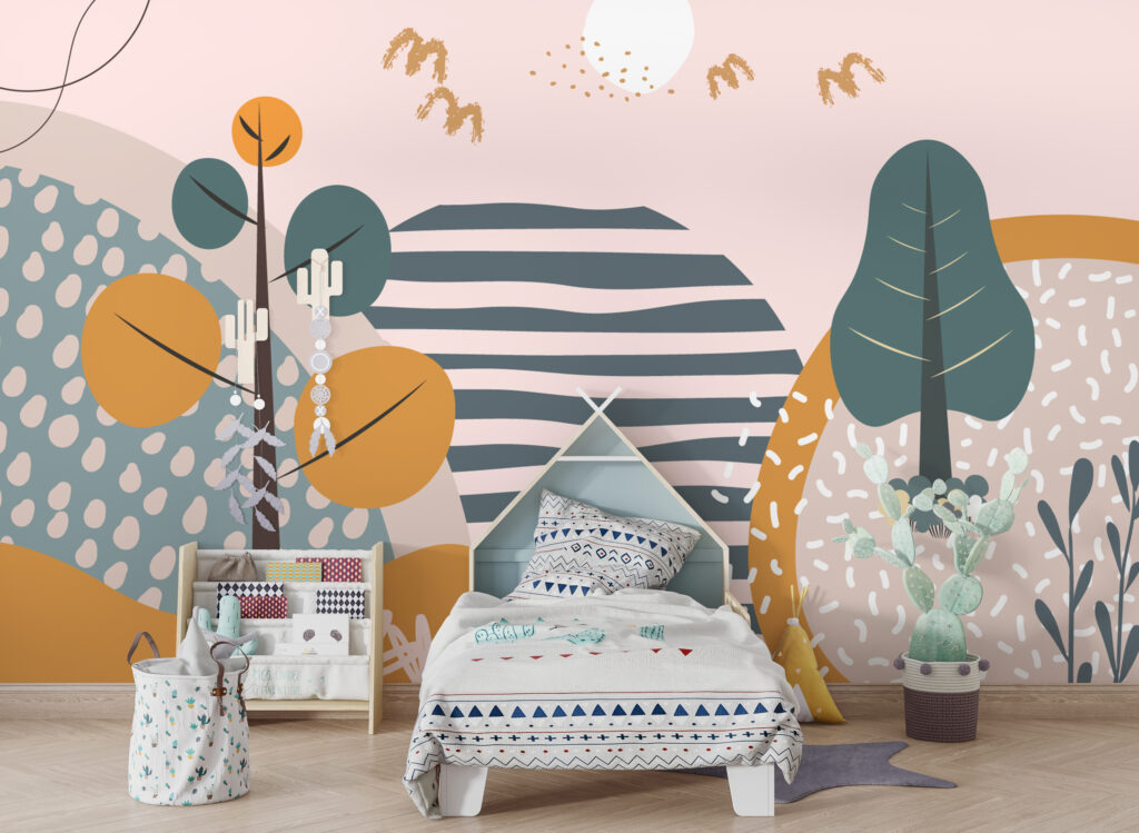 Boho Hills Wallpaper : Trees And Stripes Kids Mural - View 2