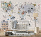 Compass World Map Wallpaper : Watercolor Animals Kids Mural - View 5