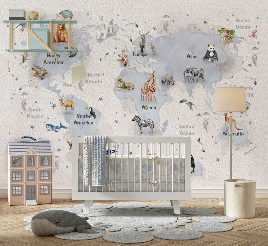 Compass World Map Wallpaper : Watercolor Animals Kids Mural - View 5