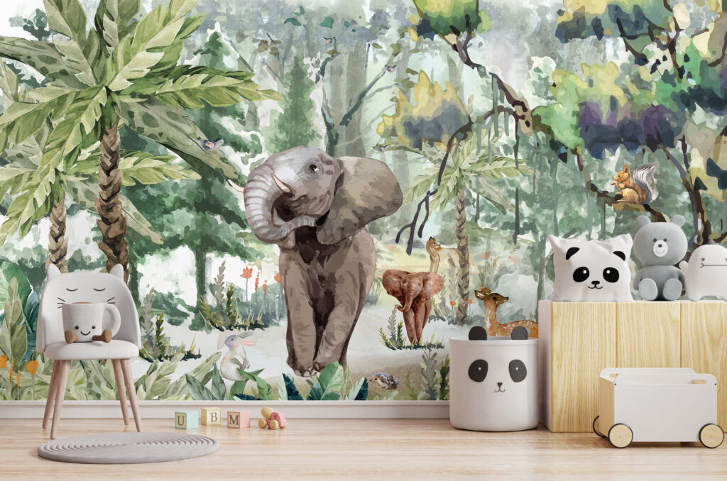 Jungle Elephant Wallpaper : Forest Animals Mural - View 3