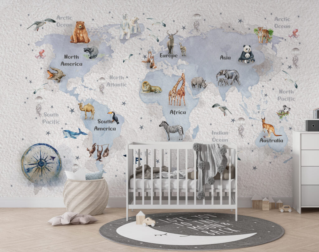 Compass World Map Wallpaper : Watercolor Animals Kids Mural - View 4