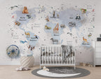 Compass World Map Wallpaper : Watercolor Animals Kids Mural - View 4