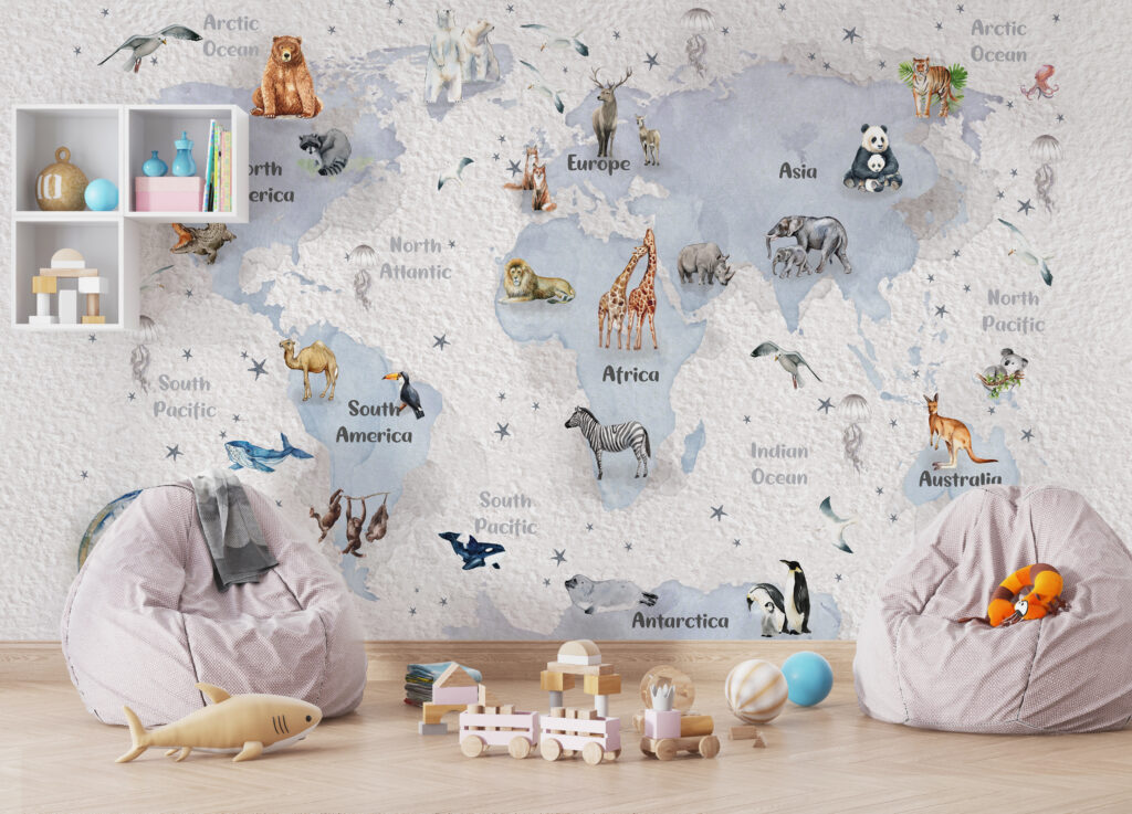 Compass World Map Wallpaper : Watercolor Animals Kids Mural
