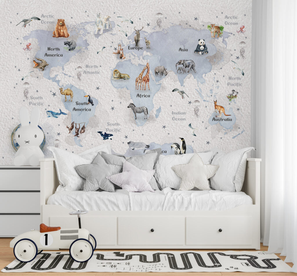 Compass World Map Wallpaper : Watercolor Animals Kids Mural - View 3