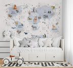 Compass World Map Wallpaper : Watercolor Animals Kids Mural - View 3