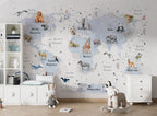 Compass World Map Wallpaper : Watercolor Animals Kids Mural - View 2