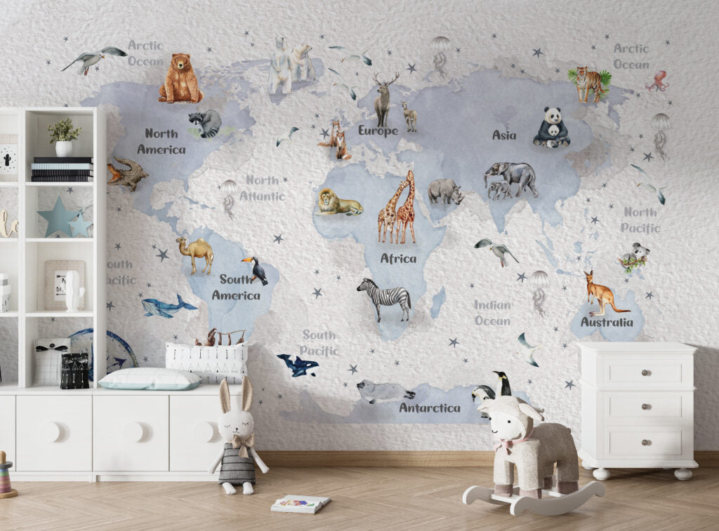 Compass World Map Wallpaper : Watercolor Animals Kids Mural - View 2