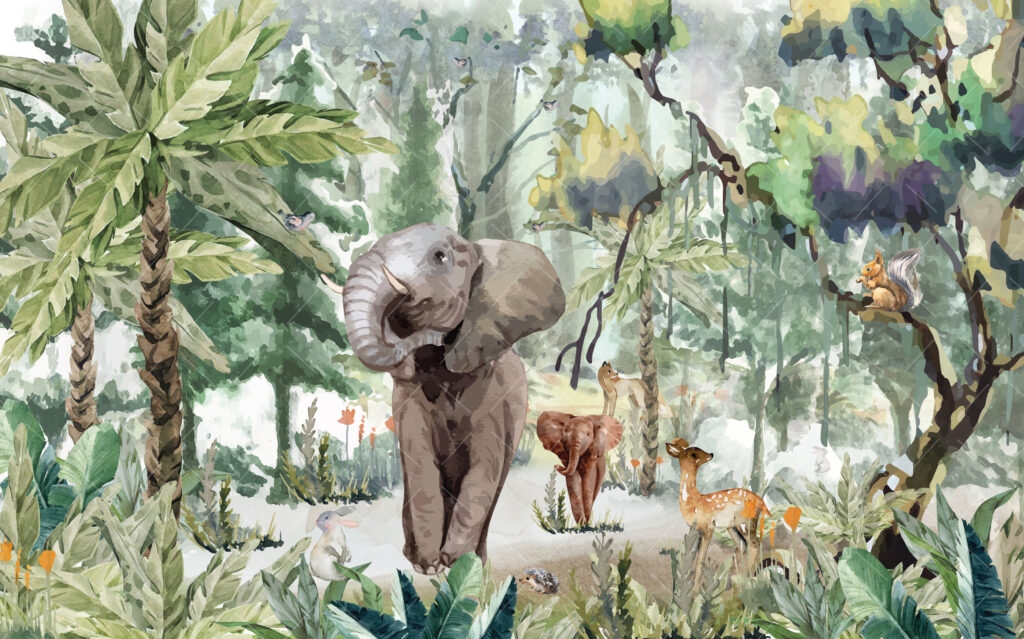 Jungle Elephant Wallpaper : Forest Animals Mural - View 5