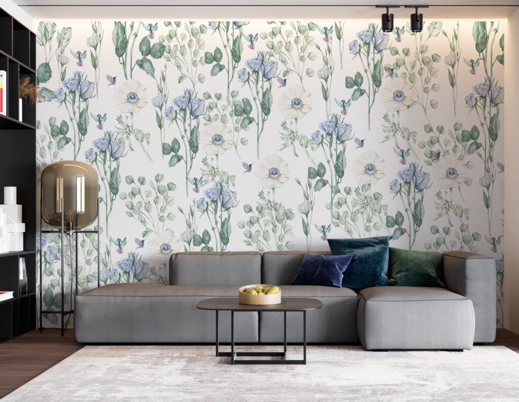 Blue Wildflower Bird Wallpaper : Botanical Hummingbird Pattern