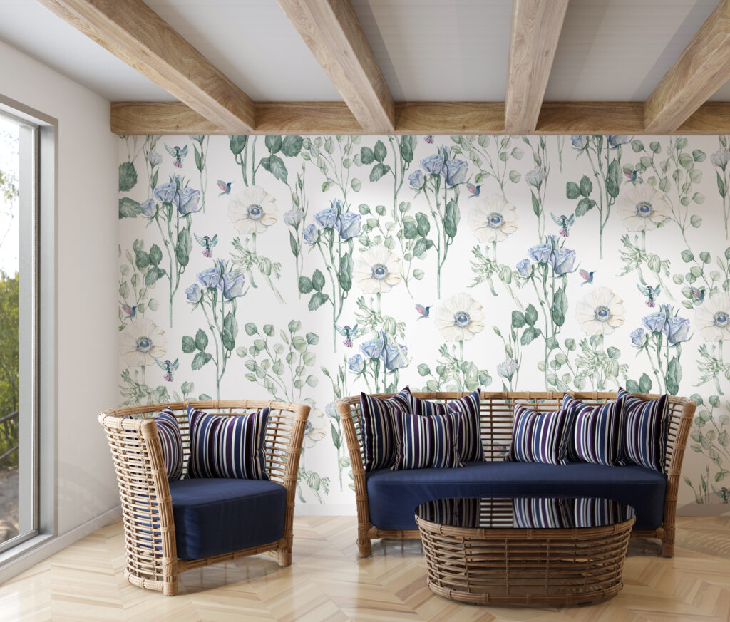 Blue Wildflower Bird Wallpaper : Botanical Hummingbird Pattern - View 4
