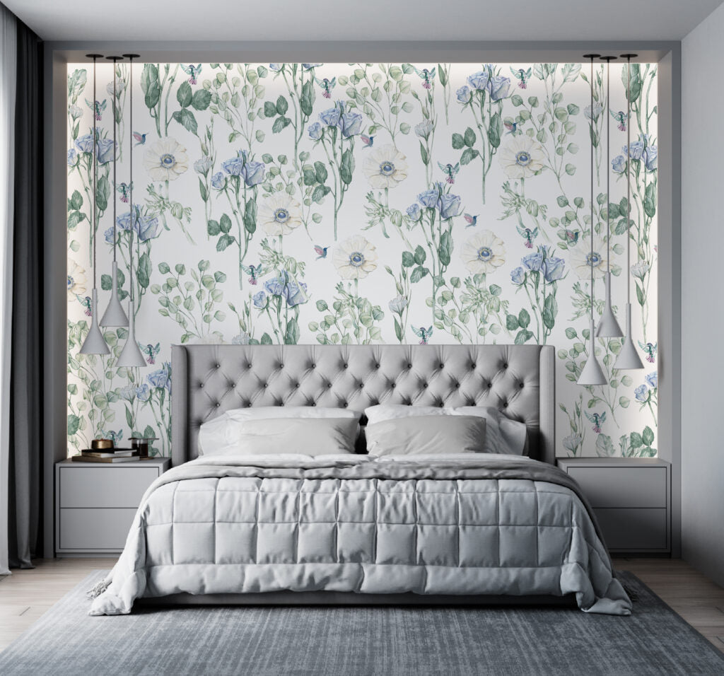 Blue Wildflower Bird Wallpaper : Botanical Hummingbird Pattern - View 3