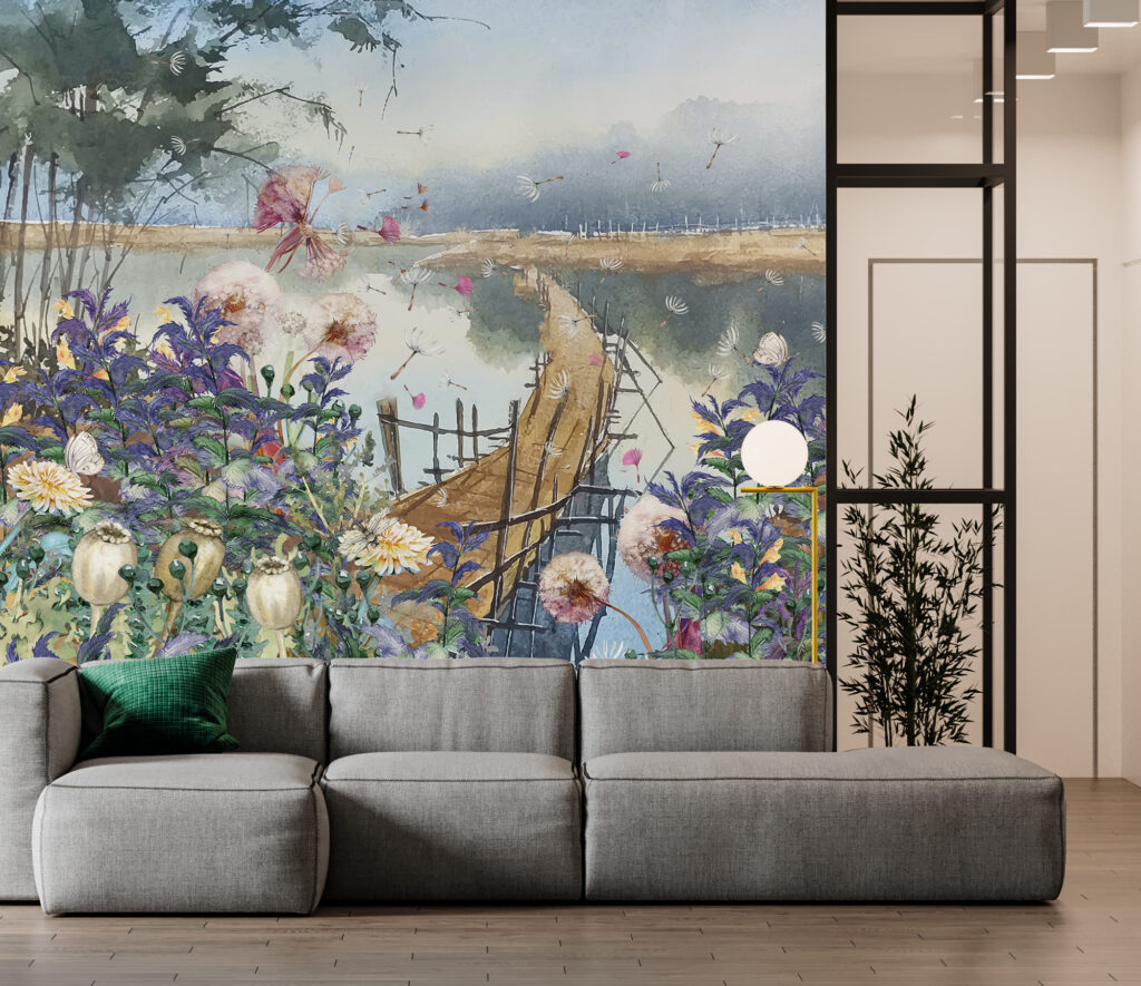 Lakeside Wildflower Wallpaper : Watercolor Landscape Mural - View 5