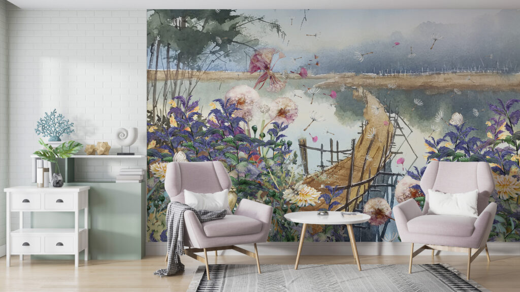Lakeside Wildflower Wallpaper : Watercolor Landscape Mural - View 4