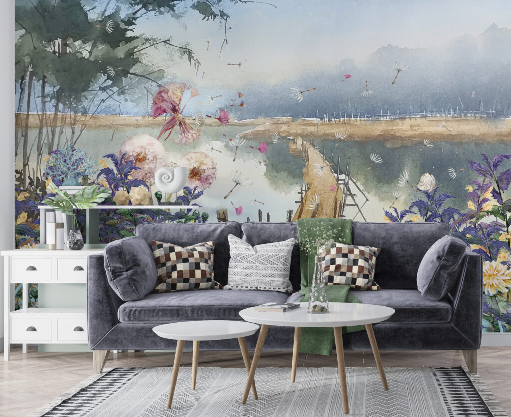 Lakeside Wildflower Wallpaper : Watercolor Landscape Mural
