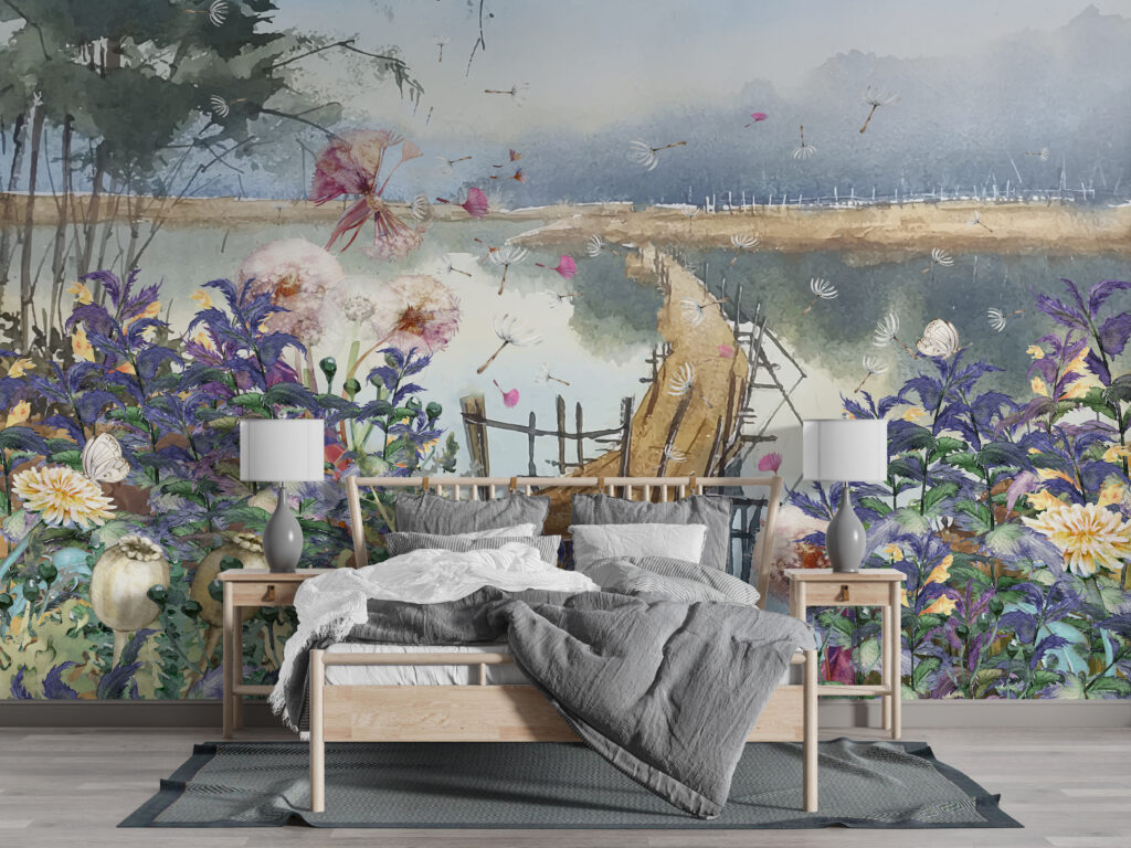 Lakeside Wildflower Wallpaper : Watercolor Landscape Mural - View 3
