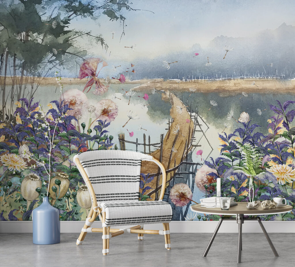 Lakeside Wildflower Wallpaper : Watercolor Landscape Mural - View 2