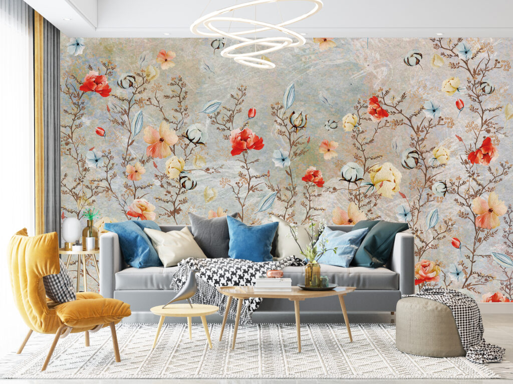 Red Poppy Branch Wallpaper : Colorful Floral Mural