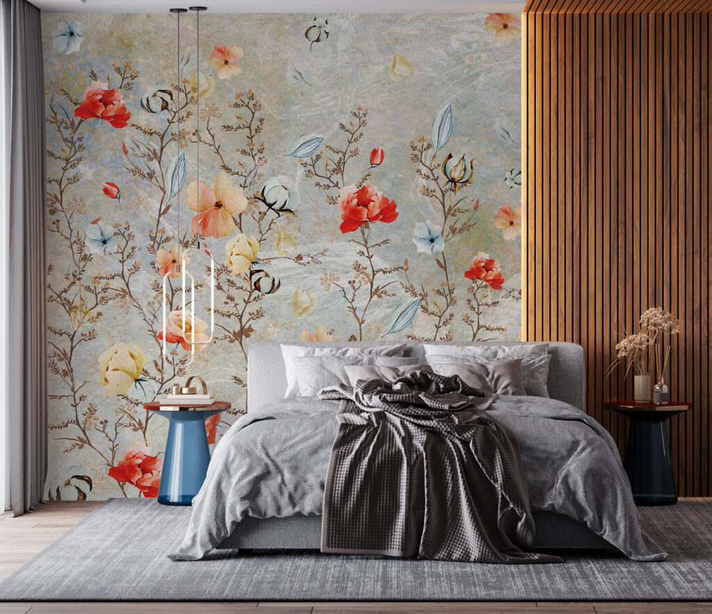 Red Poppy Branch Wallpaper : Colorful Floral Mural - View 5