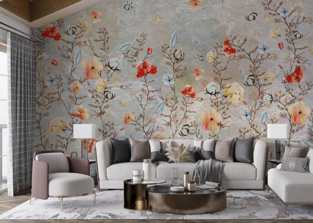 Red Poppy Branch Wallpaper : Colorful Floral Mural - View 4