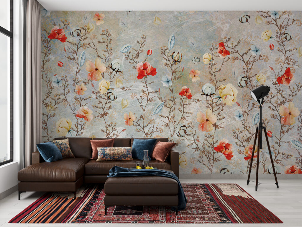 Red Poppy Branch Wallpaper : Colorful Floral Mural - View 3