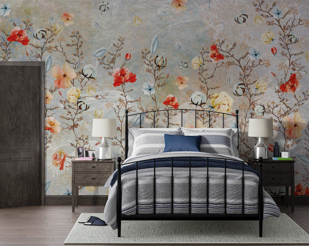 Red Poppy Branch Wallpaper : Colorful Floral Mural - View 2