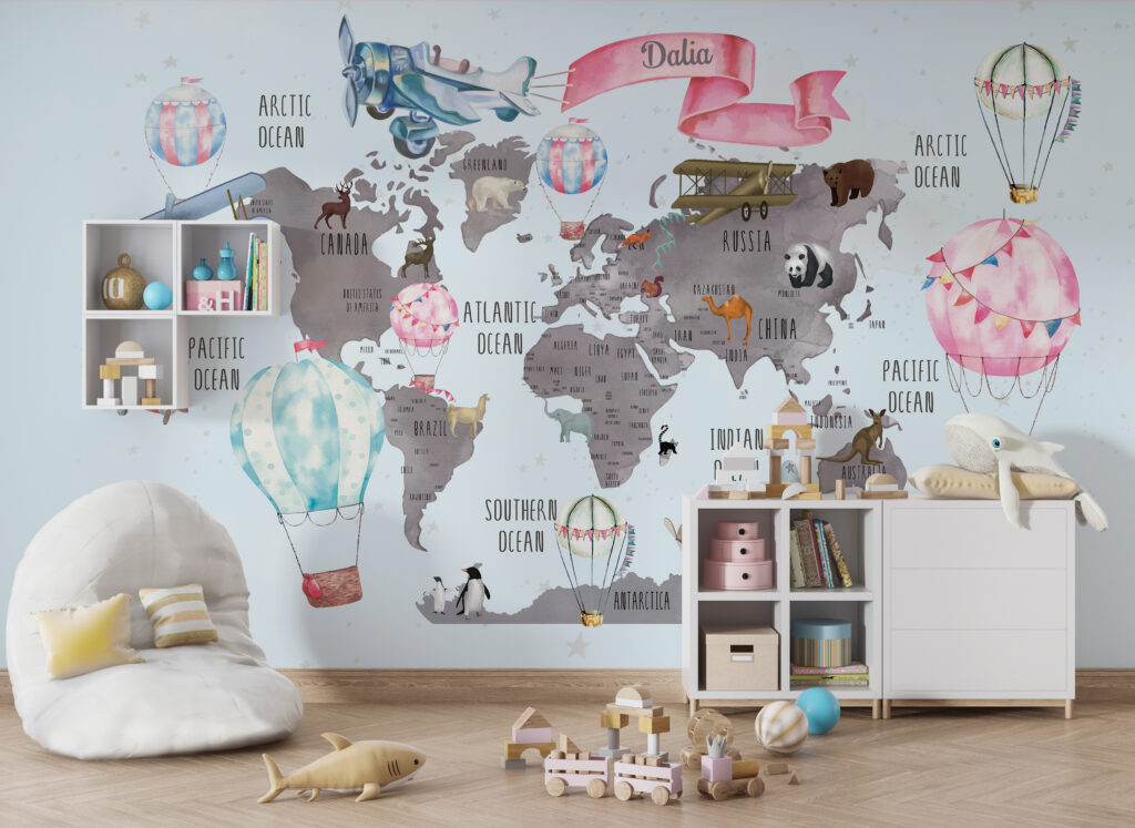 Kids Travel World Map Wallpaper : Hot Air Balloon Animal Map Mural - View 3