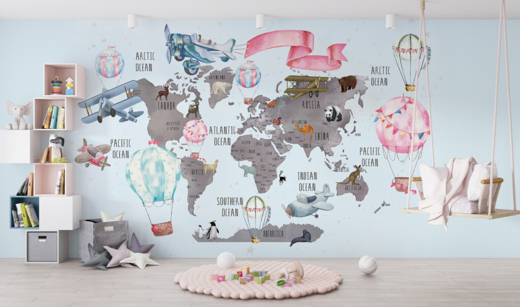 Kids Travel World Map Wallpaper : Hot Air Balloon Animal Map Mural