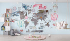 Kids Travel World Map Wallpaper : Hot Air Balloon Animal Map Mural