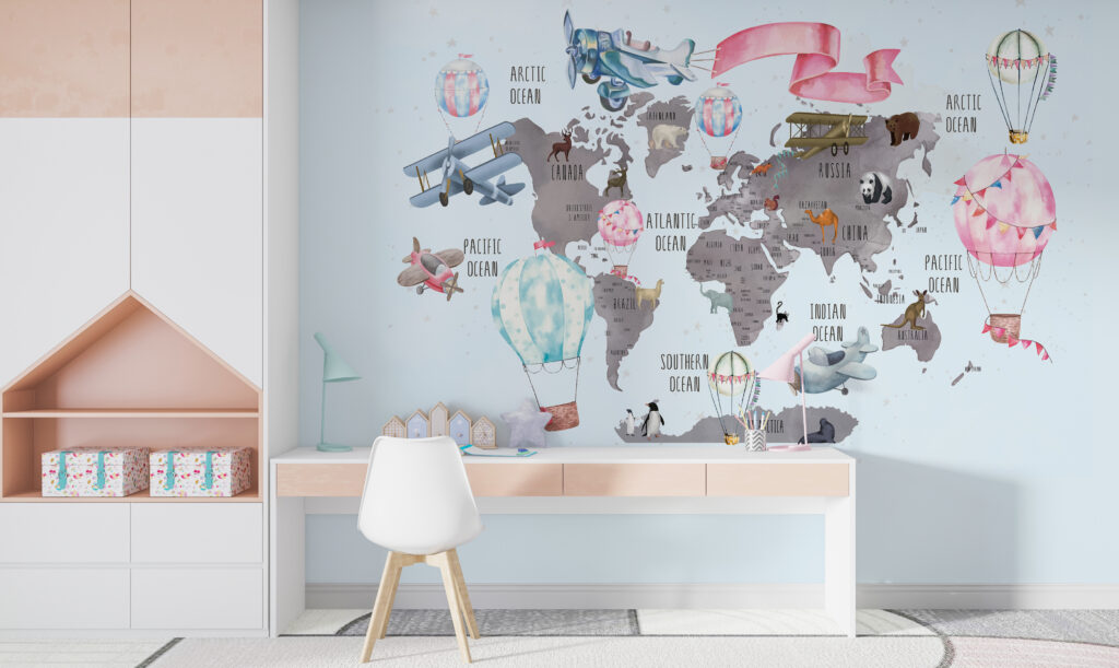 Kids Travel World Map Wallpaper : Hot Air Balloon Animal Map Mural - View 6