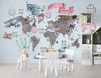 Kids Travel World Map Wallpaper : Hot Air Balloon Animal Map Mural - View 5
