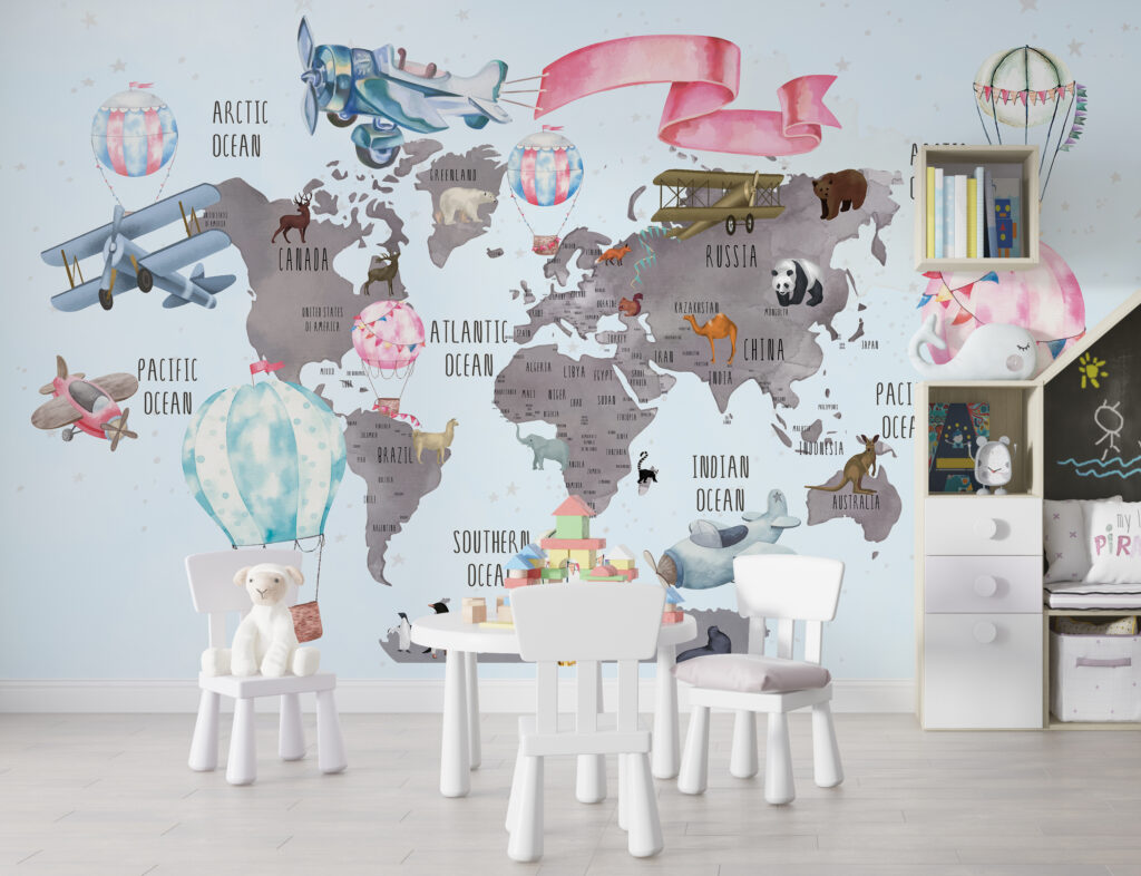 Kids Travel World Map Wallpaper : Hot Air Balloon Animal Map Mural - View 5