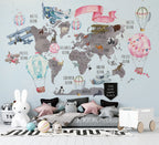 Kids Travel World Map Wallpaper : Hot Air Balloon Animal Map Mural - View 4