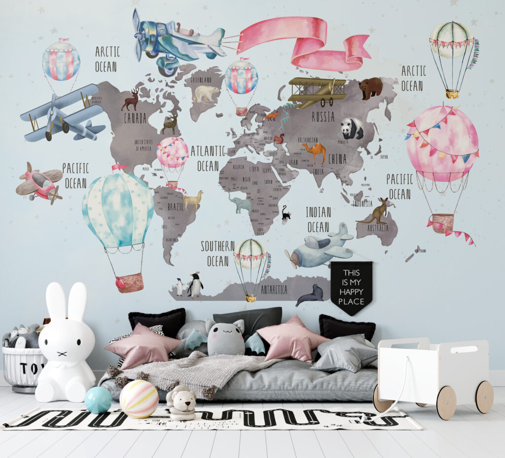 Kids Travel World Map Wallpaper : Hot Air Balloon Animal Map Mural - View 4