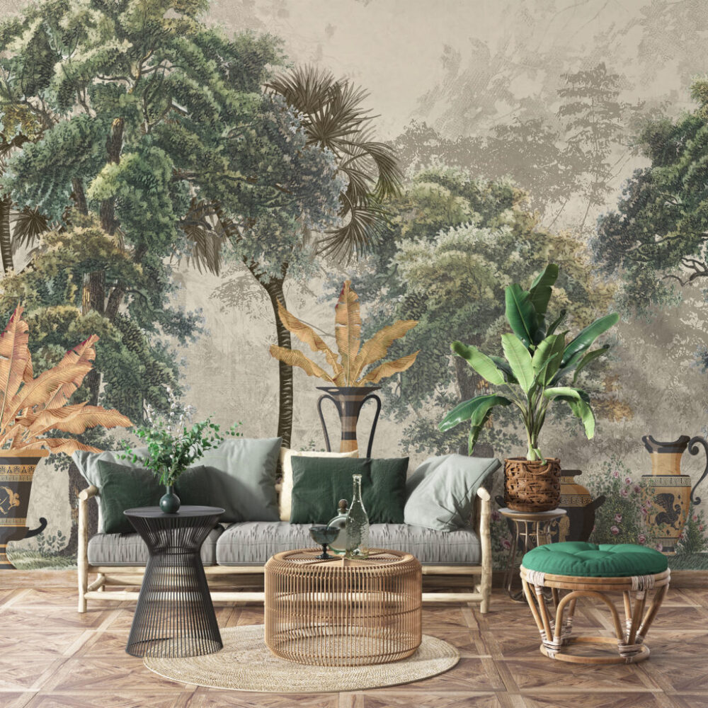Vintage Tropical Urns Wallpaper : Antique Jungle Mural - View 5