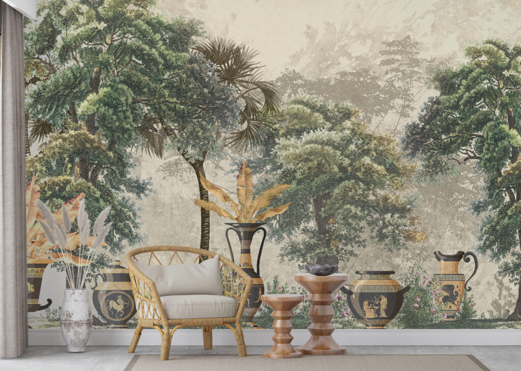 Vintage Tropical Urns Wallpaper : Antique Jungle Mural - View 4