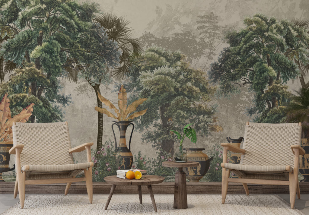 Vintage Tropical Urns Wallpaper : Antique Jungle Mural - View 2