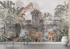 Ancient City Safari Wallpaper : Grey Ruins and Pink Roses Mural - View 3