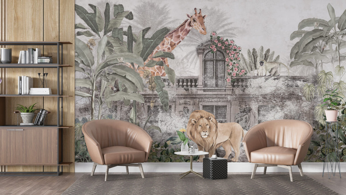 Ancient City Safari Wallpaper : Grey Ruins and Pink Roses Mural - View 4