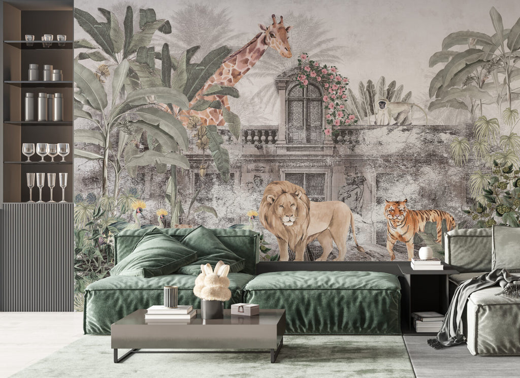 Ancient City Safari Wallpaper : Grey Ruins and Pink Roses Mural - View 5