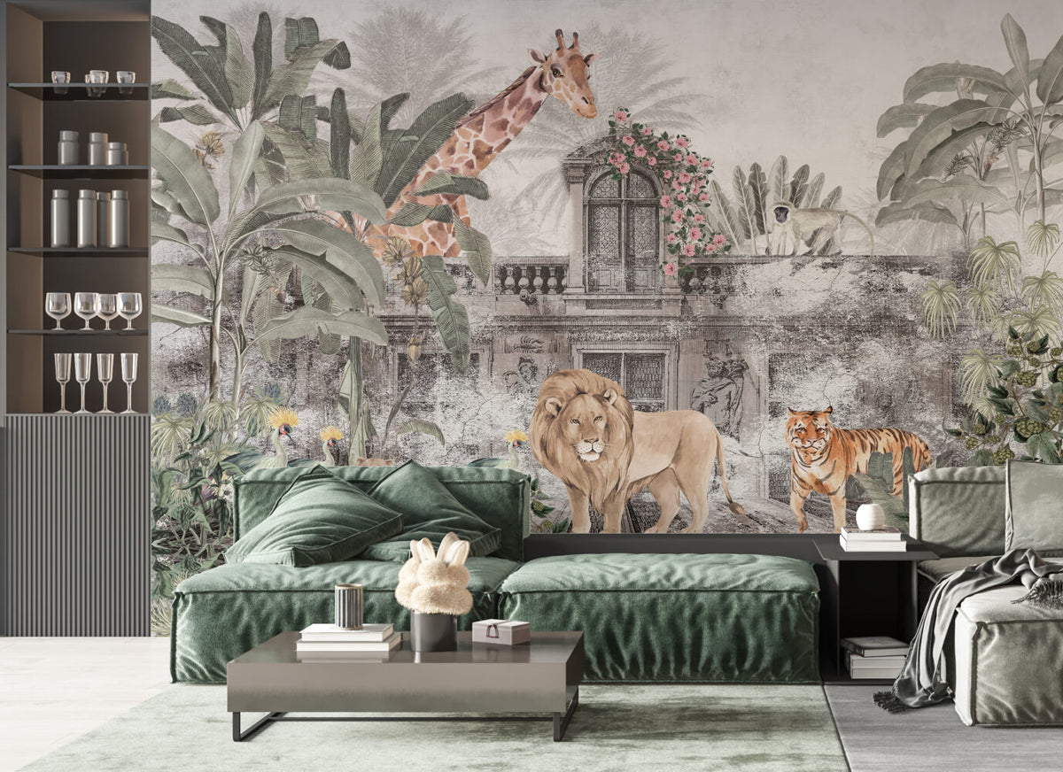 Ancient City Safari Wallpaper : Grey Ruins and Pink Roses Mural - View 5