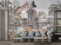 Ancient City Safari Wallpaper : Grey Ruins and Pink Roses Mural