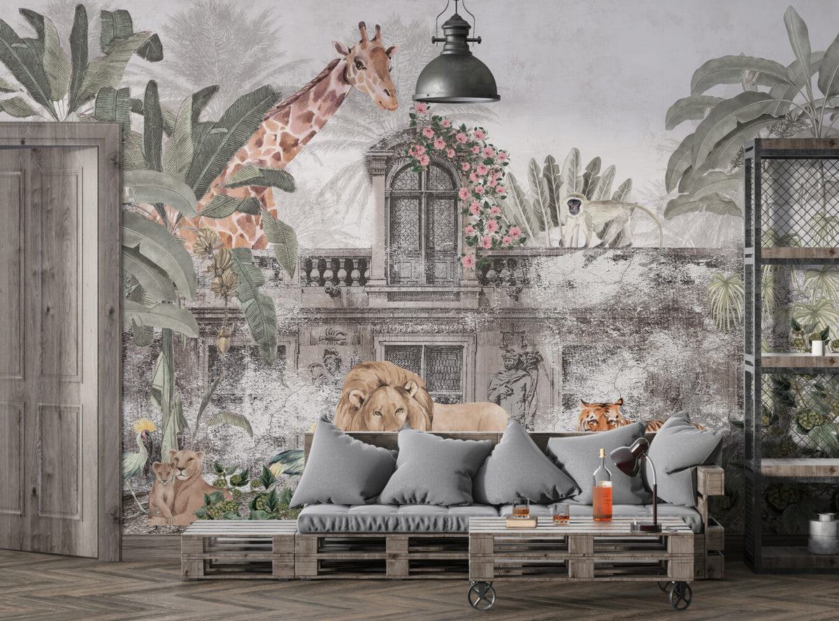 Ancient City Safari Wallpaper : Grey Ruins and Pink Roses Mural