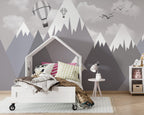 Snowy Mountain Peaks Wallpaper : Grey Triangle Mountains with Plane Mural