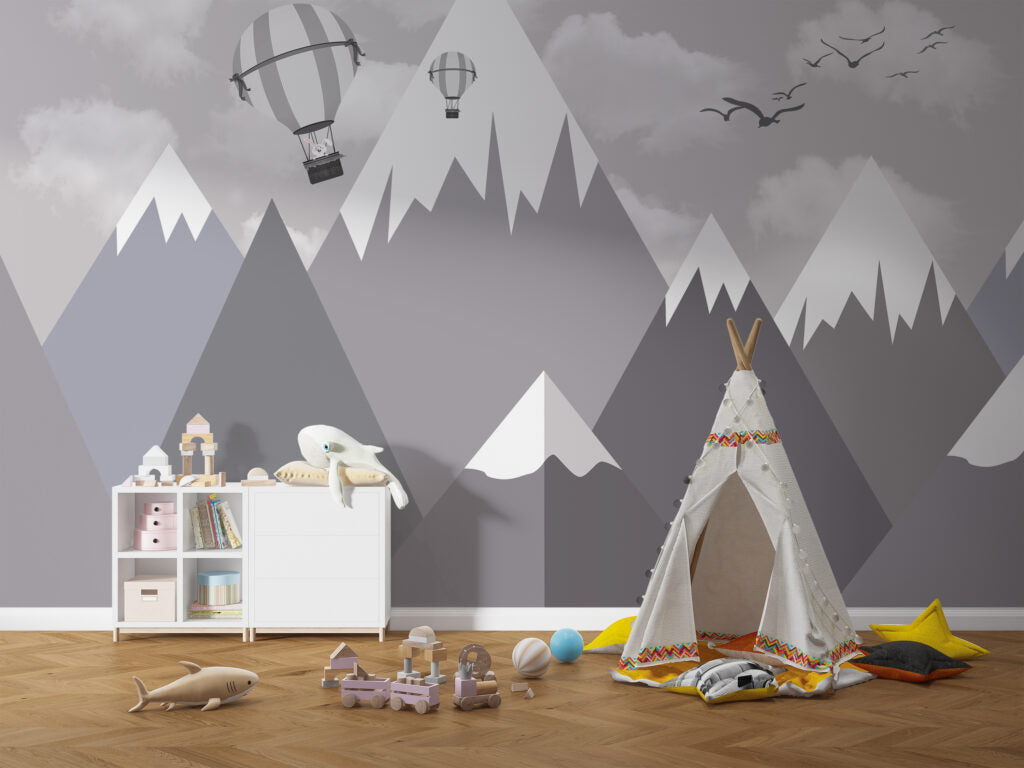 Snowy Mountain Peaks Wallpaper : Grey Triangle Mountains with Plane Mural - View 3