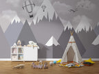 Snowy Mountain Peaks Wallpaper : Grey Triangle Mountains with Plane Mural - View 3