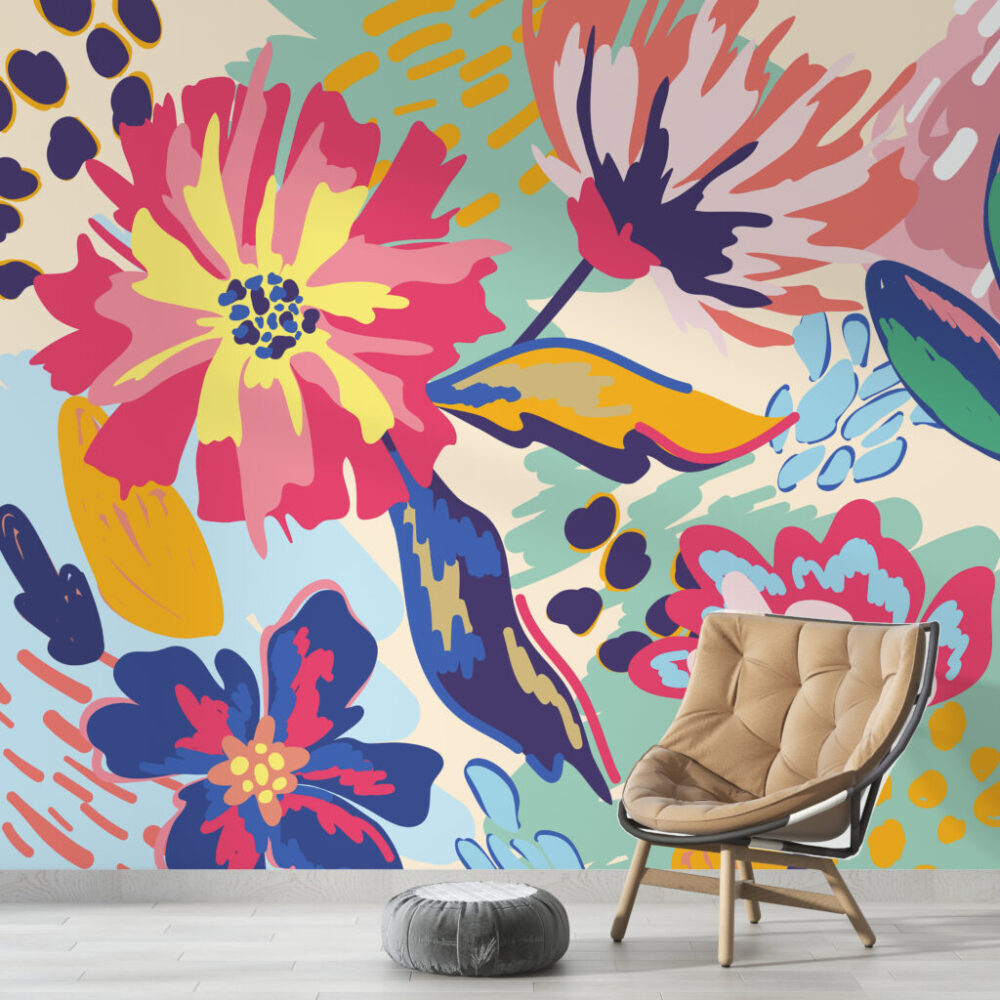 Bold Pop Floral Wallpaper : Colorful Abstract Bloom Mural - View 3