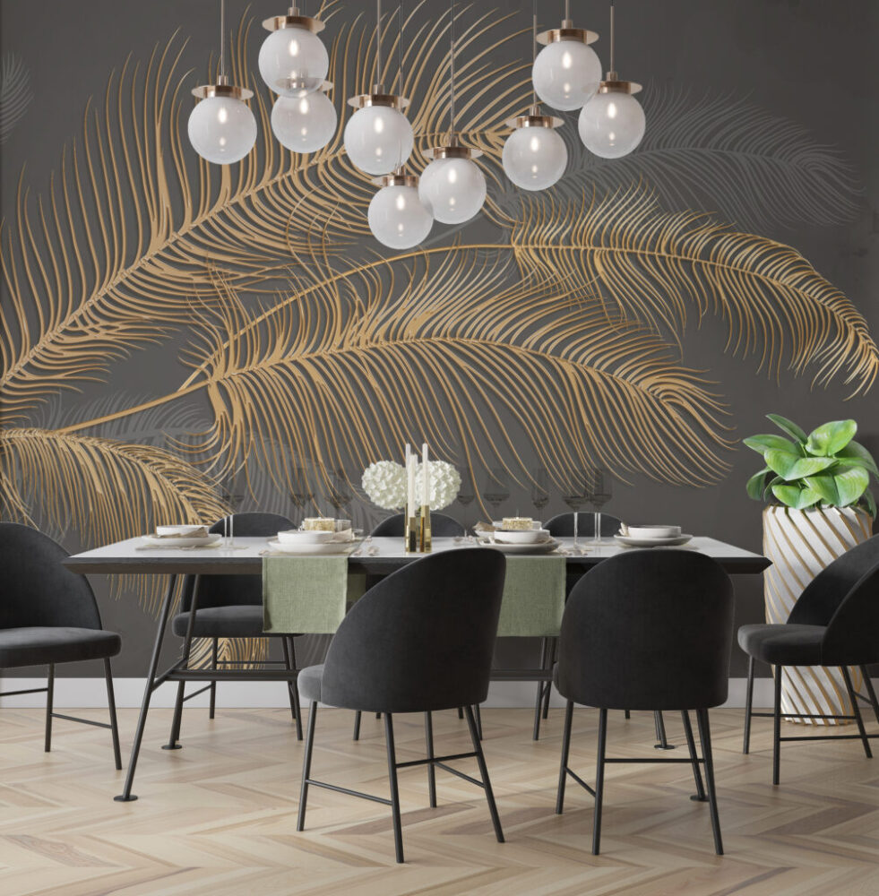 Gold Palm Leaf Wallpaper : Charcoal Fronds Mural - View 2