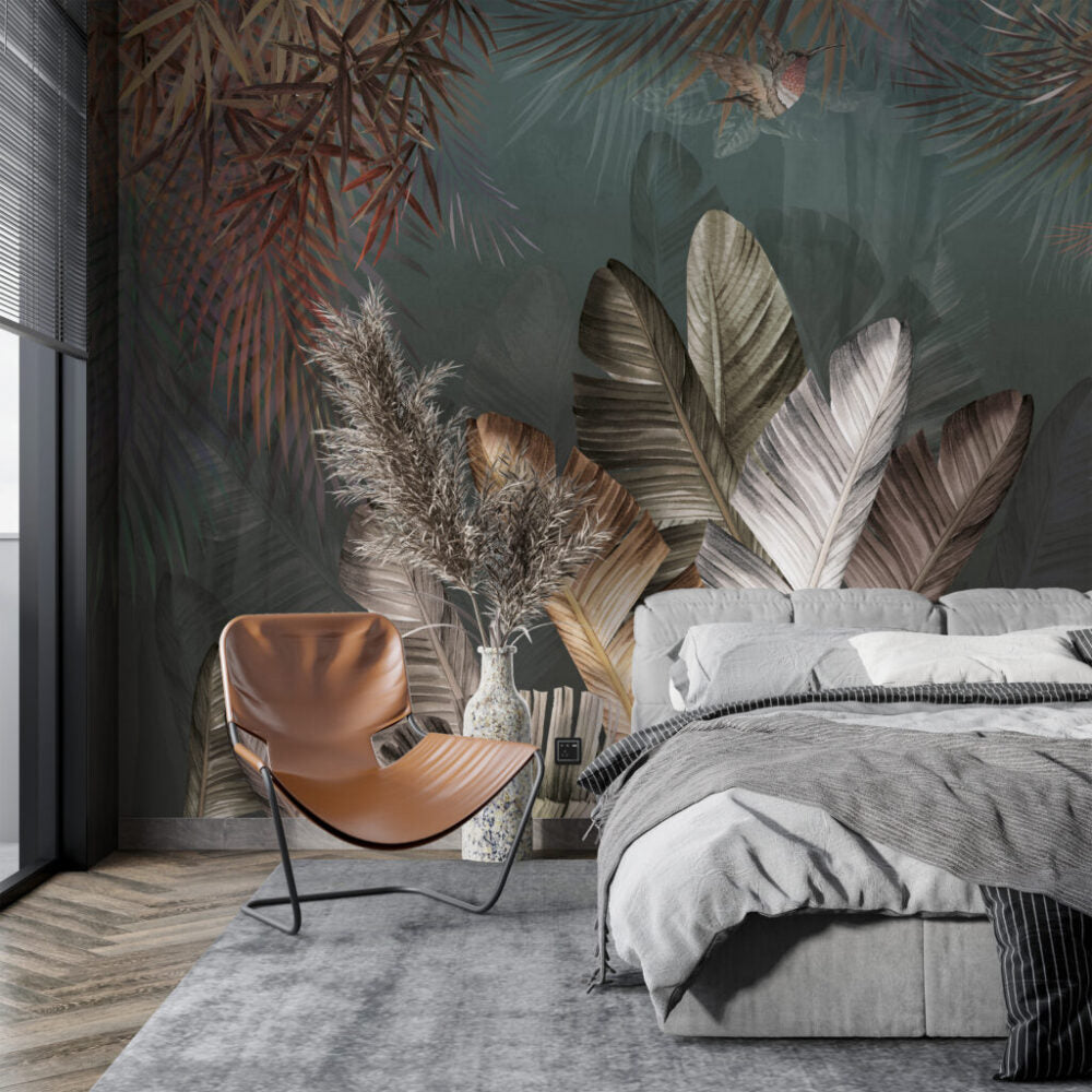 Silver Banana Leaf Wallpaper : Dark Tropical Mural